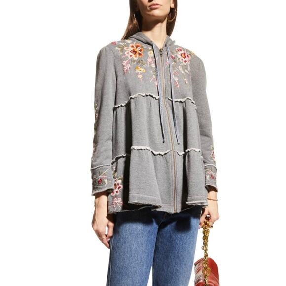 Johnny Was Women’s XL Gray Embroidered Acacia Tiered Zip-Up Boho Hoodie Shirt - Picture 1 of 9